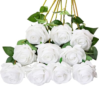 DuHouse 10Pcs Artificial Roses Silk Flowers Realistic Bridal Bouquets White