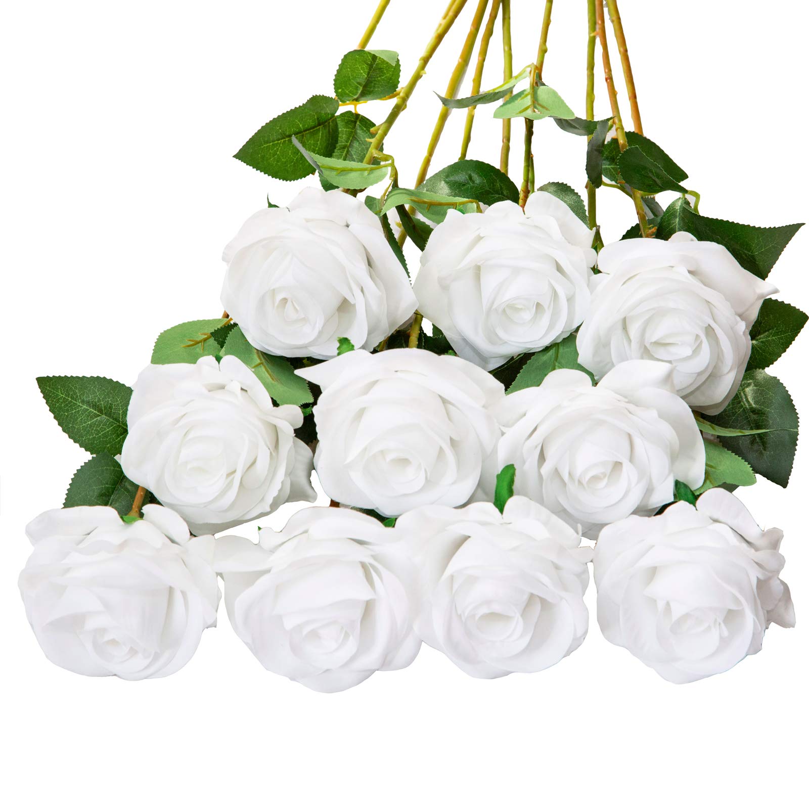 DuHouse 10Pcs Artificial Roses Fake Silk Flowers Realistic Bridal Bouquets with Single Long Plastic Stems for Arrangement Wedding Table Centerpiece Party Home Decor(Pure White) — image 1