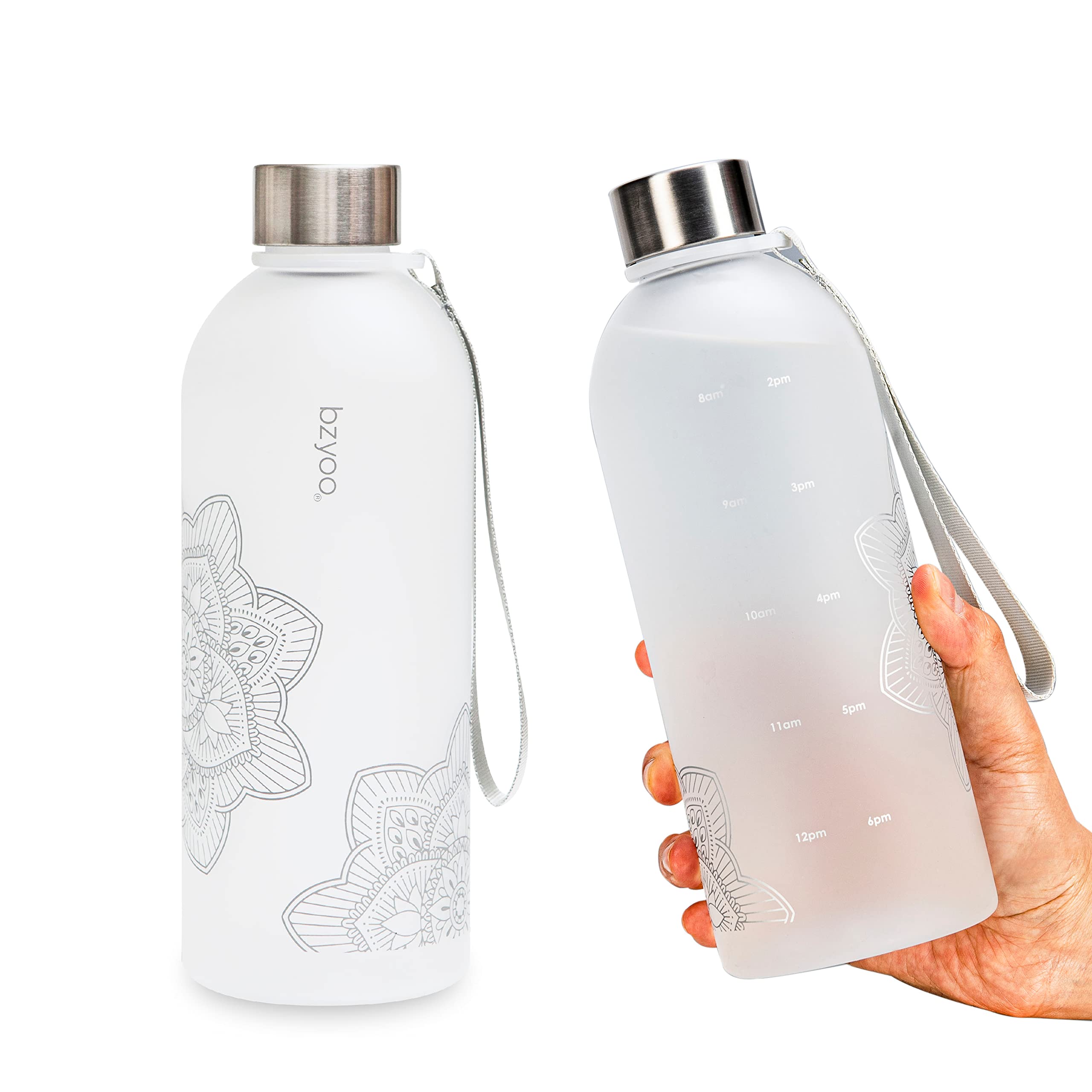Photo 1 of bzyoo 32 OZ 1 Liter Time Marker Water Bottle Frosted Durable Plastic With Strap - Reusable Clear Bottle With Times To Drink Time Markings For Daily Hydration Intake BPA Free (Silver)