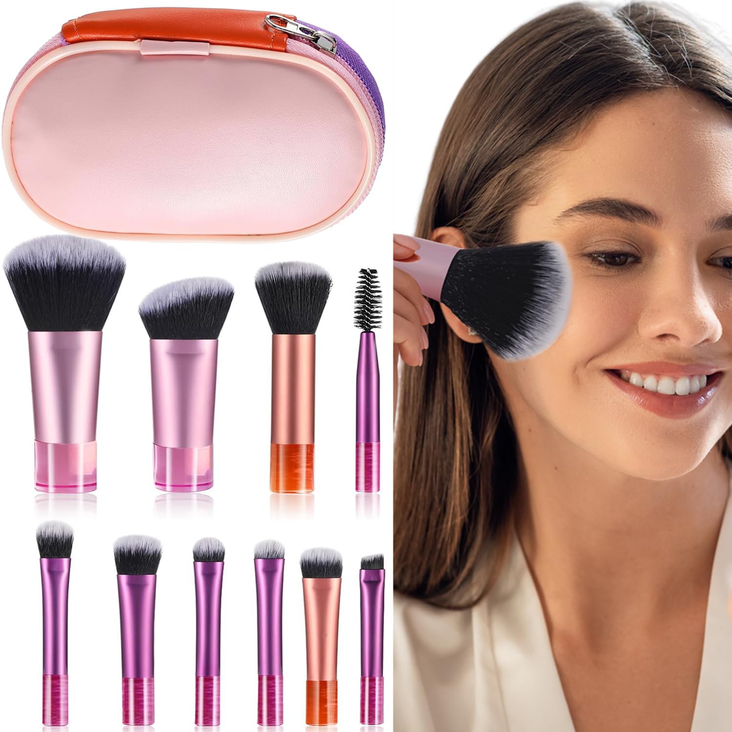 10 PcsTravel Makeup Brushes Mini Makeup Brushes Pink Makeup Brush Set With Storage Bag, Portable Travel Make Up Brushes for Foundation Eyeshadow Highlight Contour Blush & Concealer(Pink）