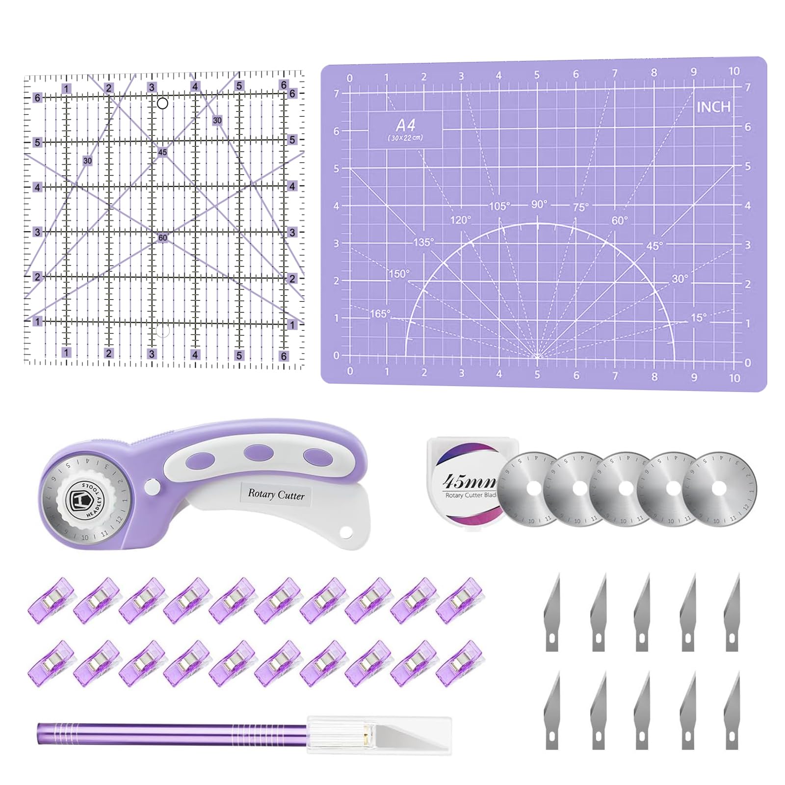 Photo 1 of Headley Tools 39 Pcs Rotary Cutter Set - Quilting Kit incl. 45mm Fabric Cutter with 5 Extra Blades, A4 Cutting Mat, 2 Craft Knife Set, Sewing Clips, Ideal for Crafting, Sewing, Patchworking Purple