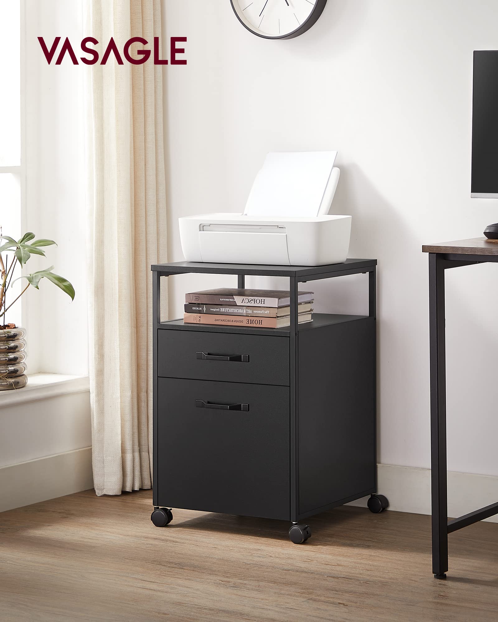 VASAGLE File Cabinet, Mobile Filing Cabinet with Wheels, 2 Drawers, Open Shelf, for A4, Letter Size, Hanging File Folders, Ink Black UOFC071B16
