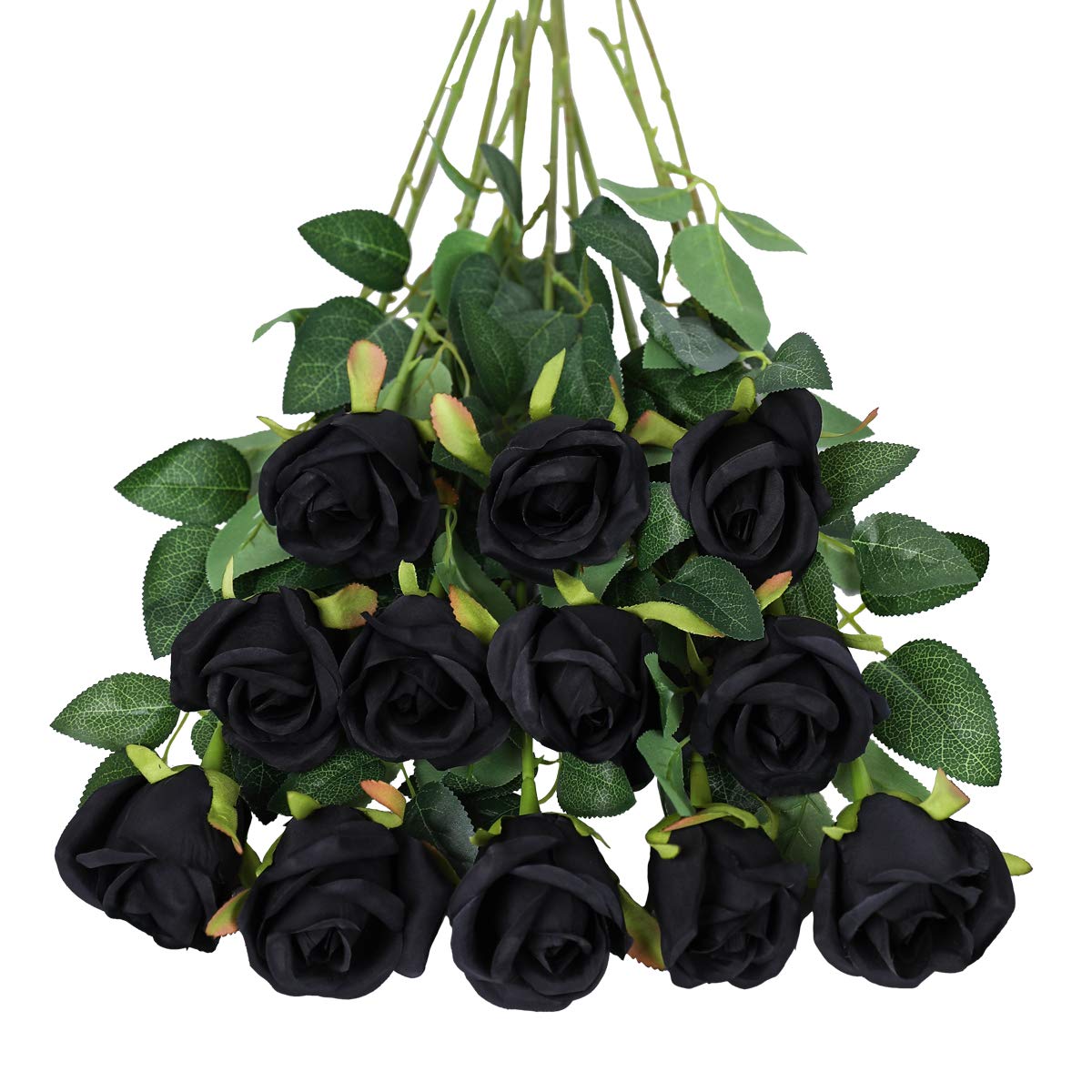 Tifuly Artificial Flowers,12 Pcs Single Long Stem Fake Rose Silk Flowers Faux Rose Bridal Bouquet Realistic Flower for Wedding Party Home Table Decoration Centerpieces(Bud Roses,Black) — image 1