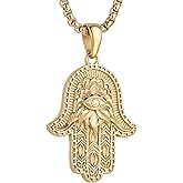 AsAlways Stainless Steel Hand of Fatima Pendant Vintage Amulet Charm Relief Carving Evil Eye Hamsa Hand Necklace Religious Gifts