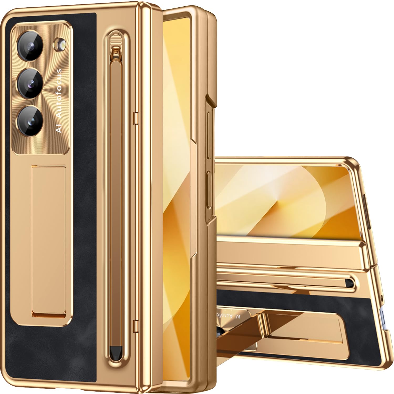 NINKI for Samsung Galaxy Z Fold 6 Case with S Pen Holder & S Pen, Galaxy Z Fold 6 Phone Case with Stand & Screen Protector, Plating Leather Hinge Protective Cover for Z Fold6 5G – Gold with Black