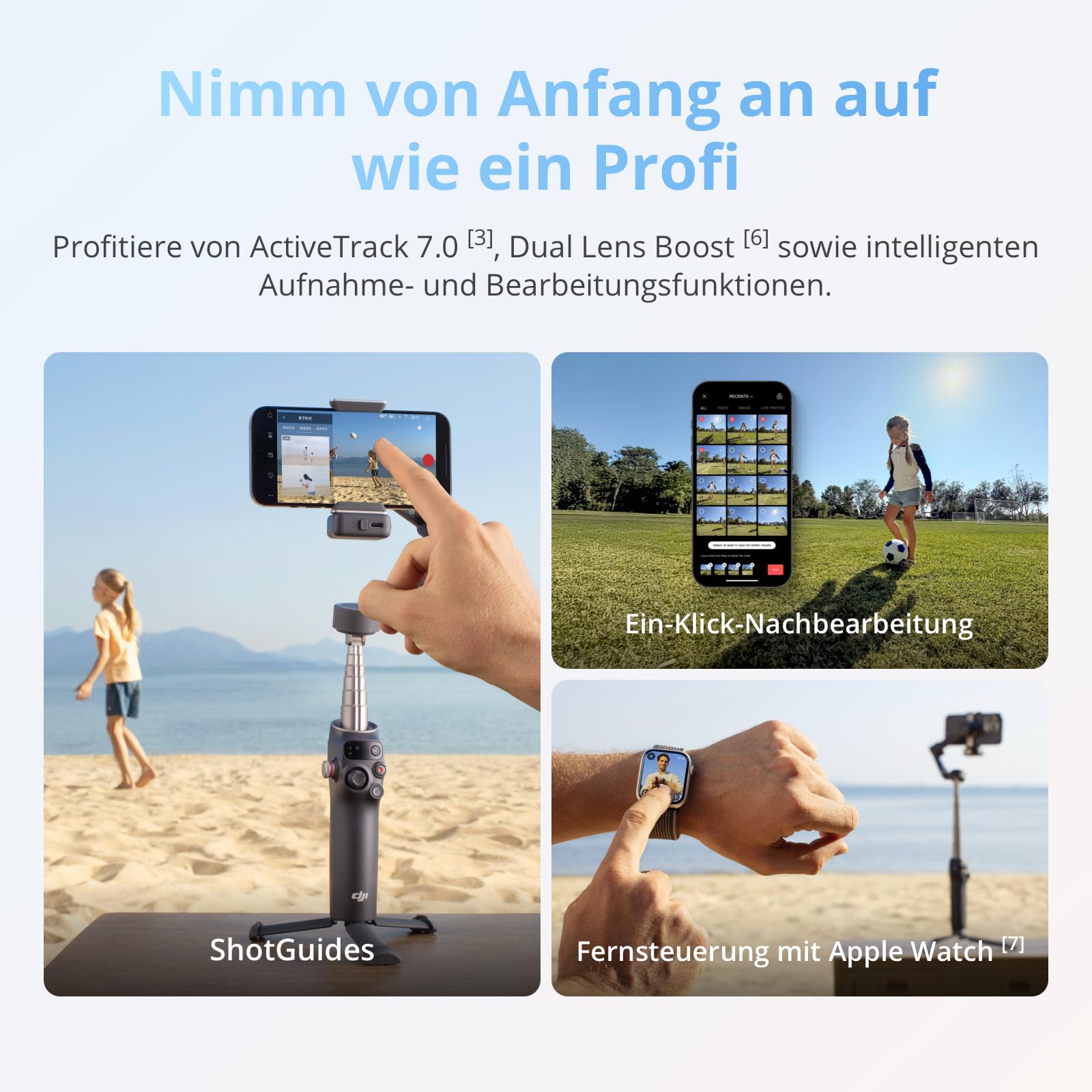 DJI Osmo Mobile 8 Advanced Tracking Combo Gimbal-Stabilisator für Smartphones, Natives AI-Tracking mit Audio und Beleuchtung, 360°-Schwenkrotation, Verlängerungsstab & Stativ integriert, 10 Std. Akku 8