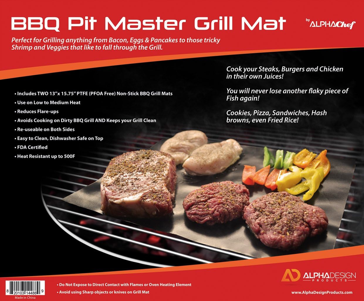 Alpha Chef Grill Mats, Set of 2 Non-Stick BBQ Grilling Sheets, 15.75 x 13 Inches