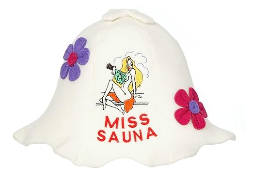 Natural Textile Saunahut 'Miss Sauna Flower' White - 100% organische Wollfilzmützen - Schützen Sie Ihren Kopf vor Hitze - Eng