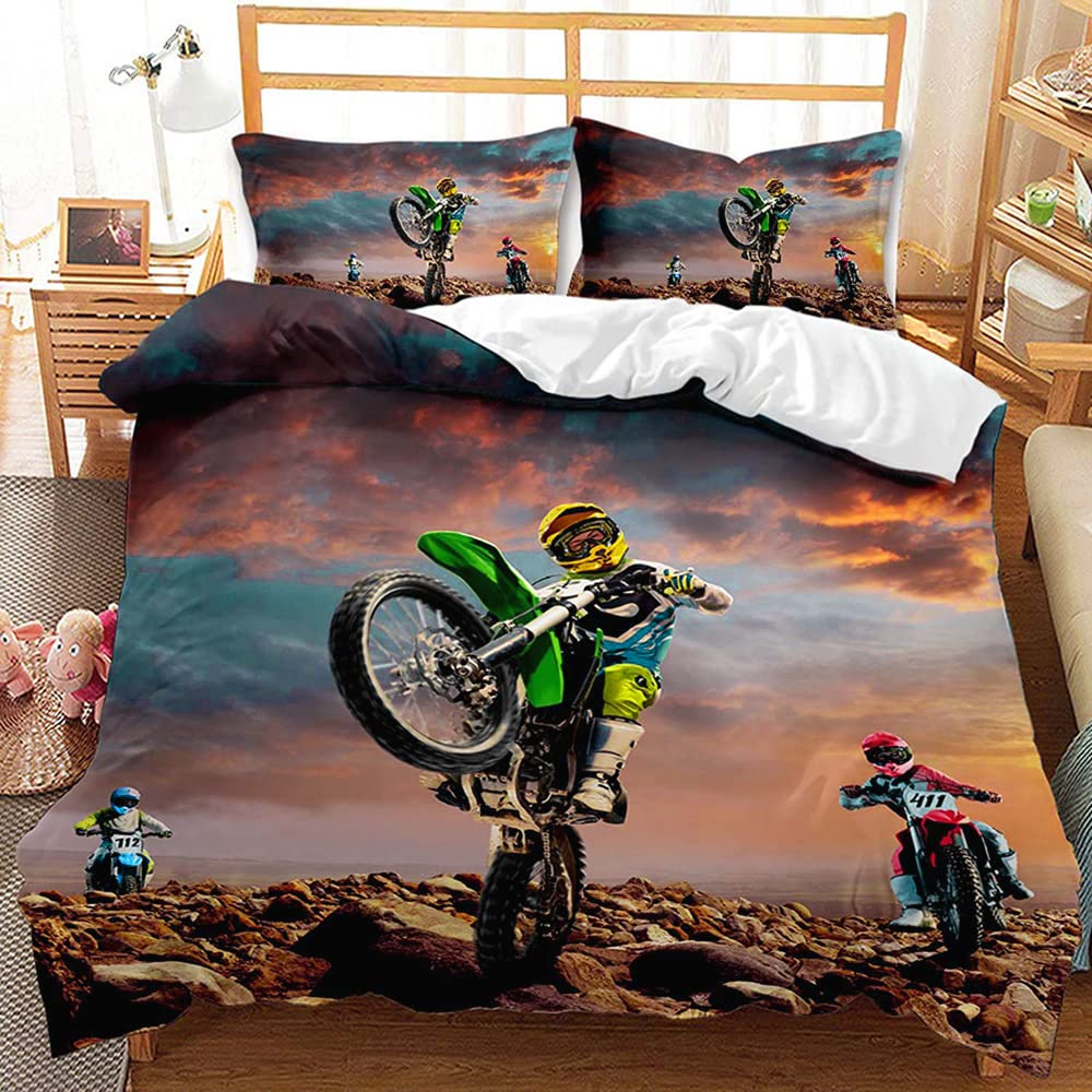 AOXHFNV 3D Motorcycle Duvet Cover Motocross Bedding Set Motorcycle Racing Duvet Cover with Pillowcase for Teenage Extreme Sports (220 x 240cm, Green)