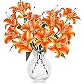 Hollyone 6 Heads Orange Artifical Lily Flowers 2Pcs Fake Fall Flowers Artificial for Decoration Faux Stargazer Lilies Flowers Bush Arrangement Bouquets Lily Stem for Indoor Outdoor Home Fall Decor