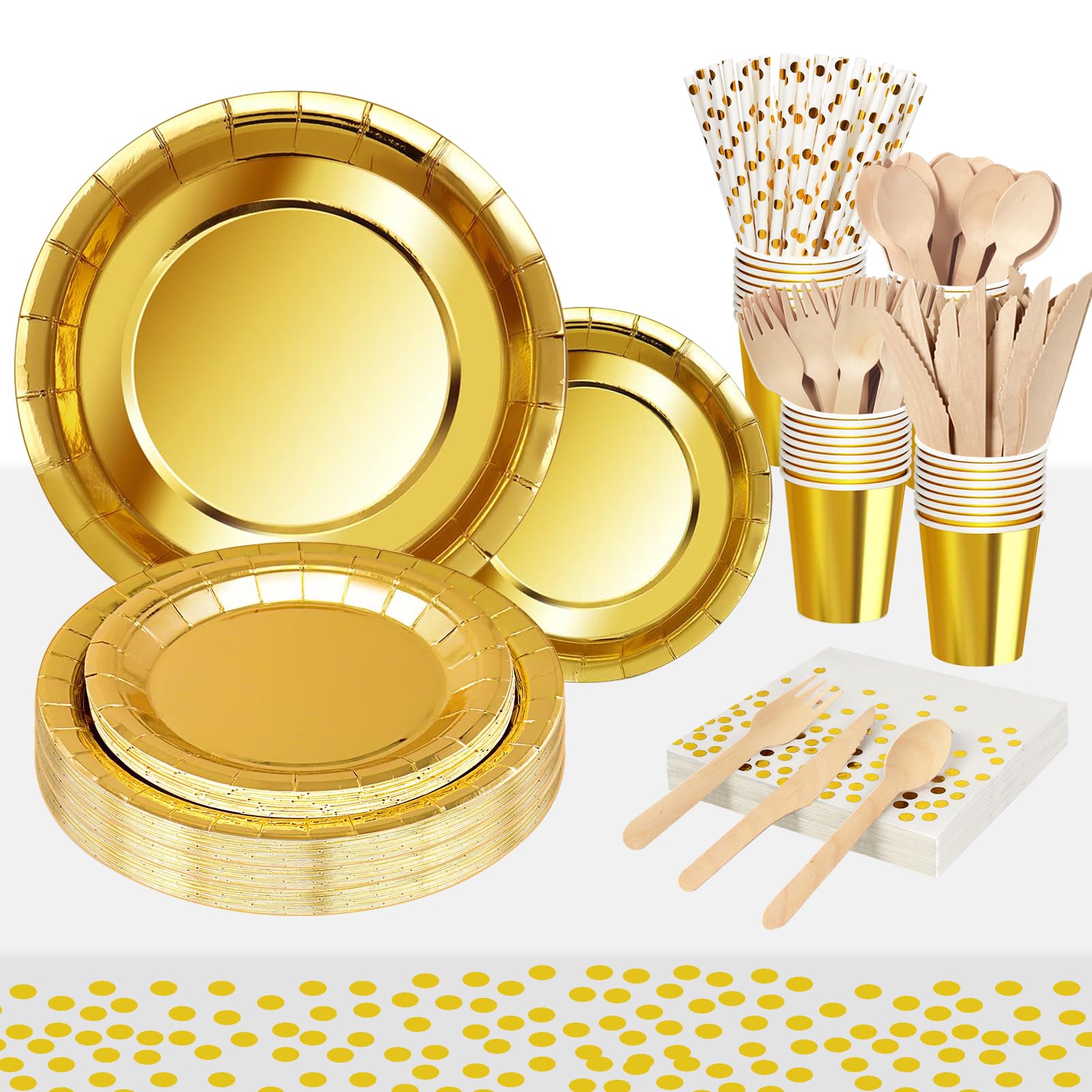 Nkaiso 193 Pcs Gold Foil Dots Party Supplies Set Includes Disposable Paper Plates Napkins Cups Cutlery for Wedding Shower Engagement Wedding Birthday -24 Guests