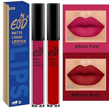 EOD Elite Collection Long Lasting Waterproof 100% Vegan Made in India Matte Liquid Lipstick Combo of 2 Lip Gloss(Dark Pink, Blood Red)