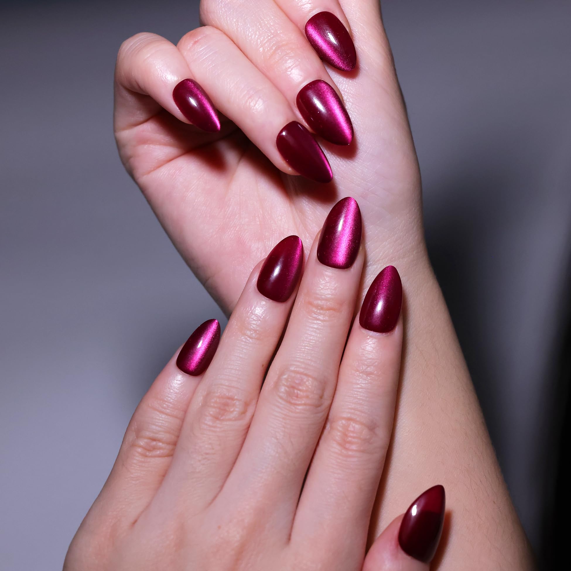 ALICE Press On Nails Short, Natural Almond Stick On Nails, Rose Purple Cat Eye Reusable Press on Nails, Fake Nail 15 Sizes 30 Pcs with Nail Glue and Nail Remover