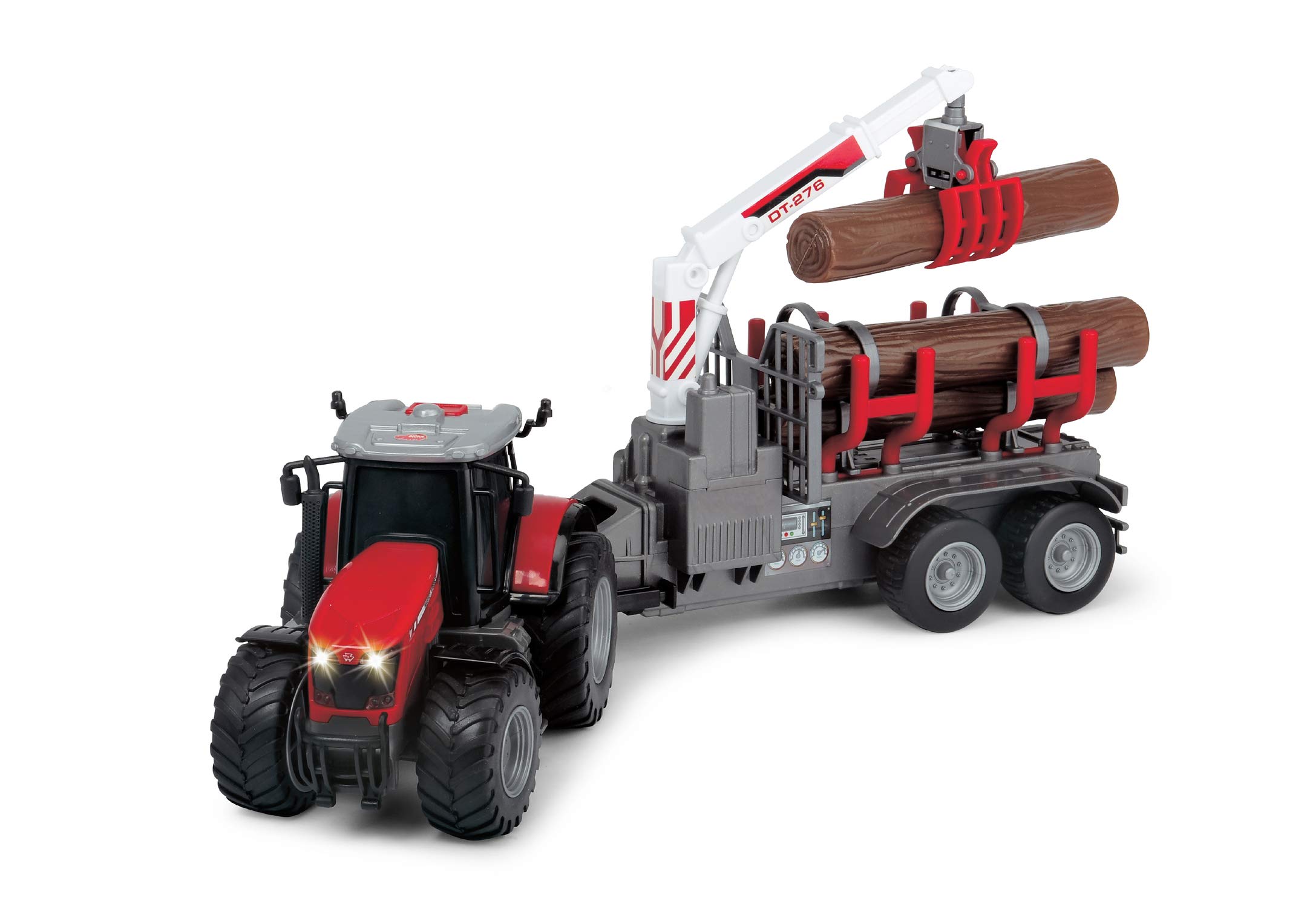 Dickie Toys 203737003 Toys Massey Ferguson Toy Tractor with Trailer and 3 Wooden Logs, Wooden Grabber, Tractor with Trailer, Type 8737, Farm Toy, Light & Sound, Includes Batteries, 42 cm