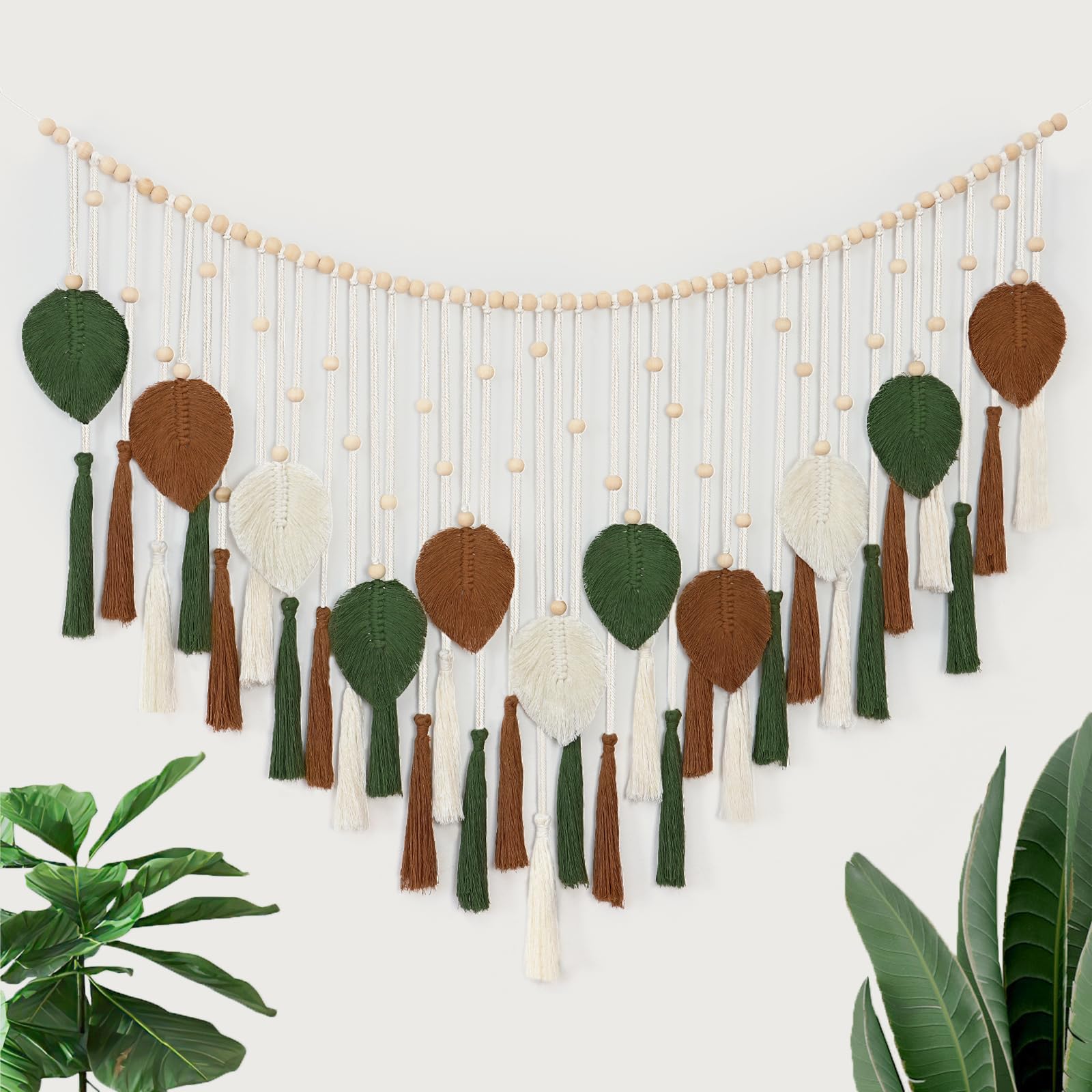 Dremisland Macrame Wall Hanging Brown Green Leaf Tassel Large Boho Tapestry with Wooden Bead Handmade Woven Cotton Wall Tapestry Art Decor for Bedroom Living Room Apartment 51.2" W x 31.5" L