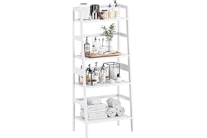 HITNET White Ladder Bookshelf, Leaning Bookcase, 4-Tier Bamboo Shelf, Floor Standing Storage Shelving Unit, Open Display Book