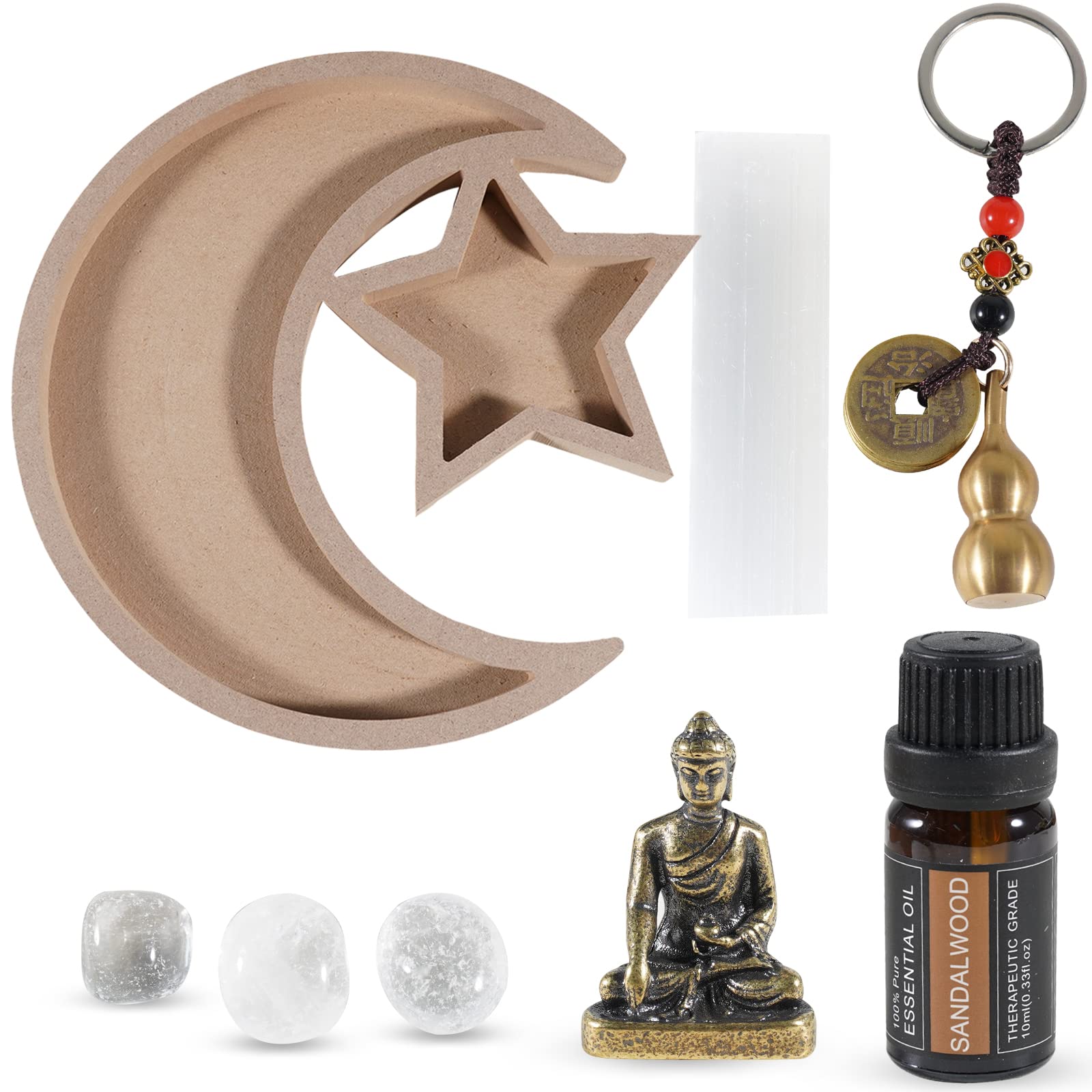 Soulnioi Holder Tray(Pentagram+Moon), Decorative Display Tray for Jewelry/Crystals, with Sandalwood Essential Oil, Mini Brass Buddha Ornament, White Crystal Polished Stones, 8cm Gypsum, Gourd Keychain