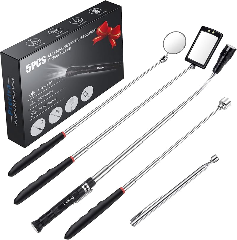 Preciva Magnetic Telescopic Pickup Tool with 3 LED Lights and Mirrors