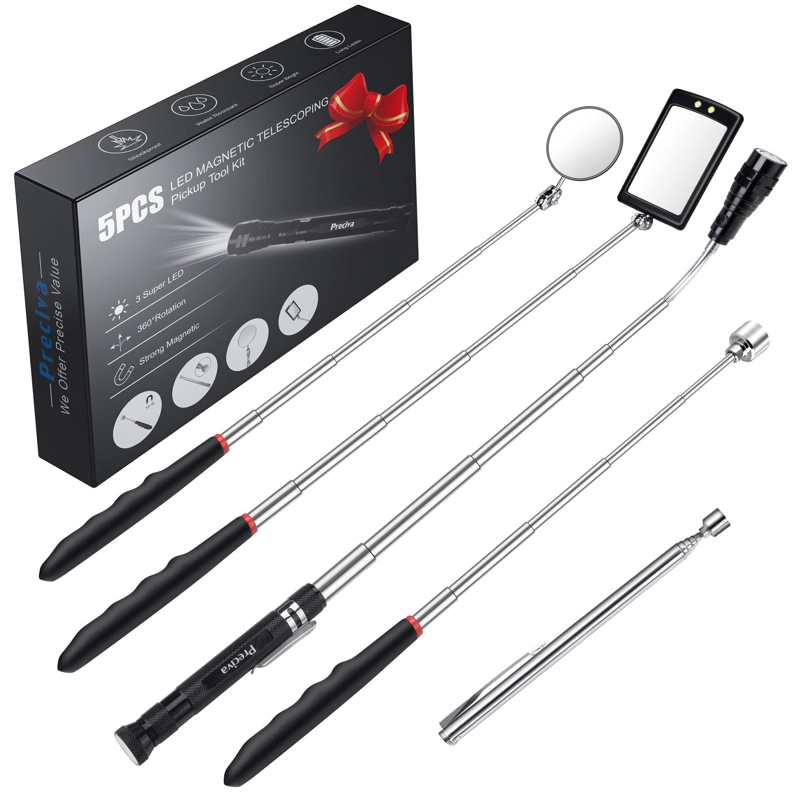 Magnetic Telescopic Pickup Tool with 3 LED Lights, Preciva Pick Up Stick, Telescopicing LEDlight with Magnet, Gadget Pickingup Toolkit Gift for Men, Women, Father, etc.(Flashlight)