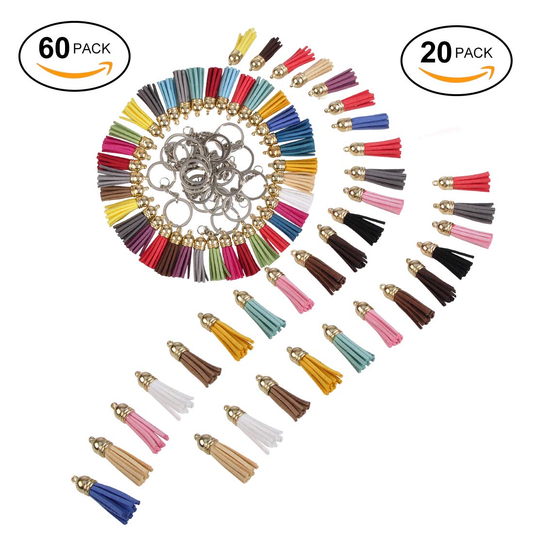 Ciaoed Keychain Anhänger Quaste Leder Quaste Faux Wildleder Quaste mit Kappen für Keychain DIY Zubehör, 60 Stücke 20 Farben