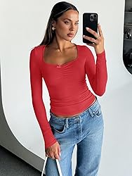 Trendy Queen Womens Long Sleeve Red Tops Crop Cute