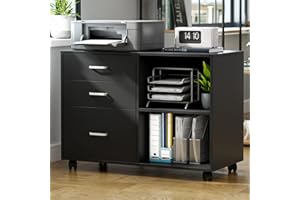 sogesfurniture 3-Drawer File Cabinet, Mobile Lateral Filing Cabinet with Open Storage Shelves and Wheels, Rolling Printer Sta
