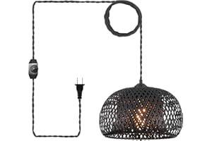 Hchunqjor Bamboo Black Plug in Pendant Light with 14ft Handmade Woven Light Cord, Dimmable Switch, Bohemian Basket Hanging Lamp for Bedroom Kitchen Island Decor Farmhouse Living Room