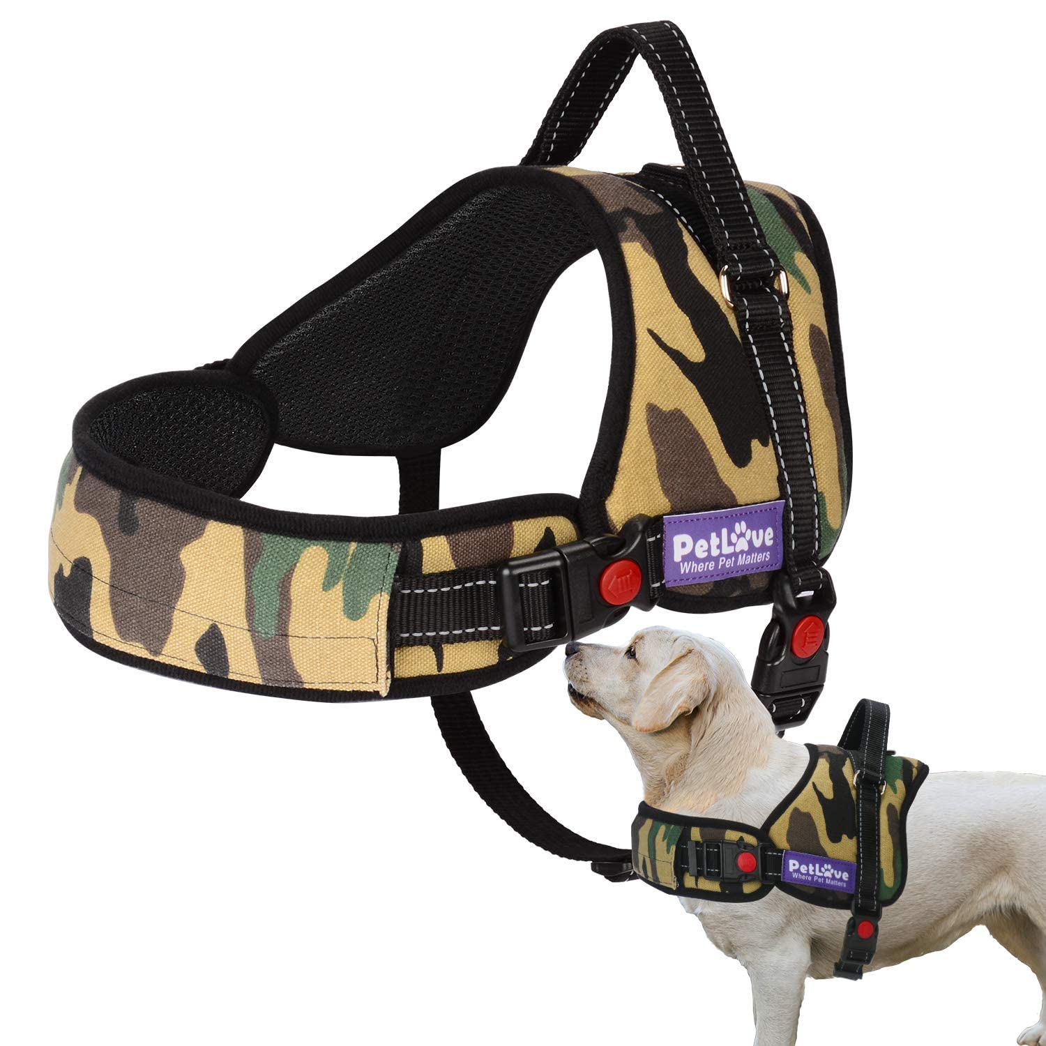 PETLOFT Dog Harness, Adjustable Soft Leash Padded No Pull Dog Harness for Small Medium Large Dogs, Camouflage