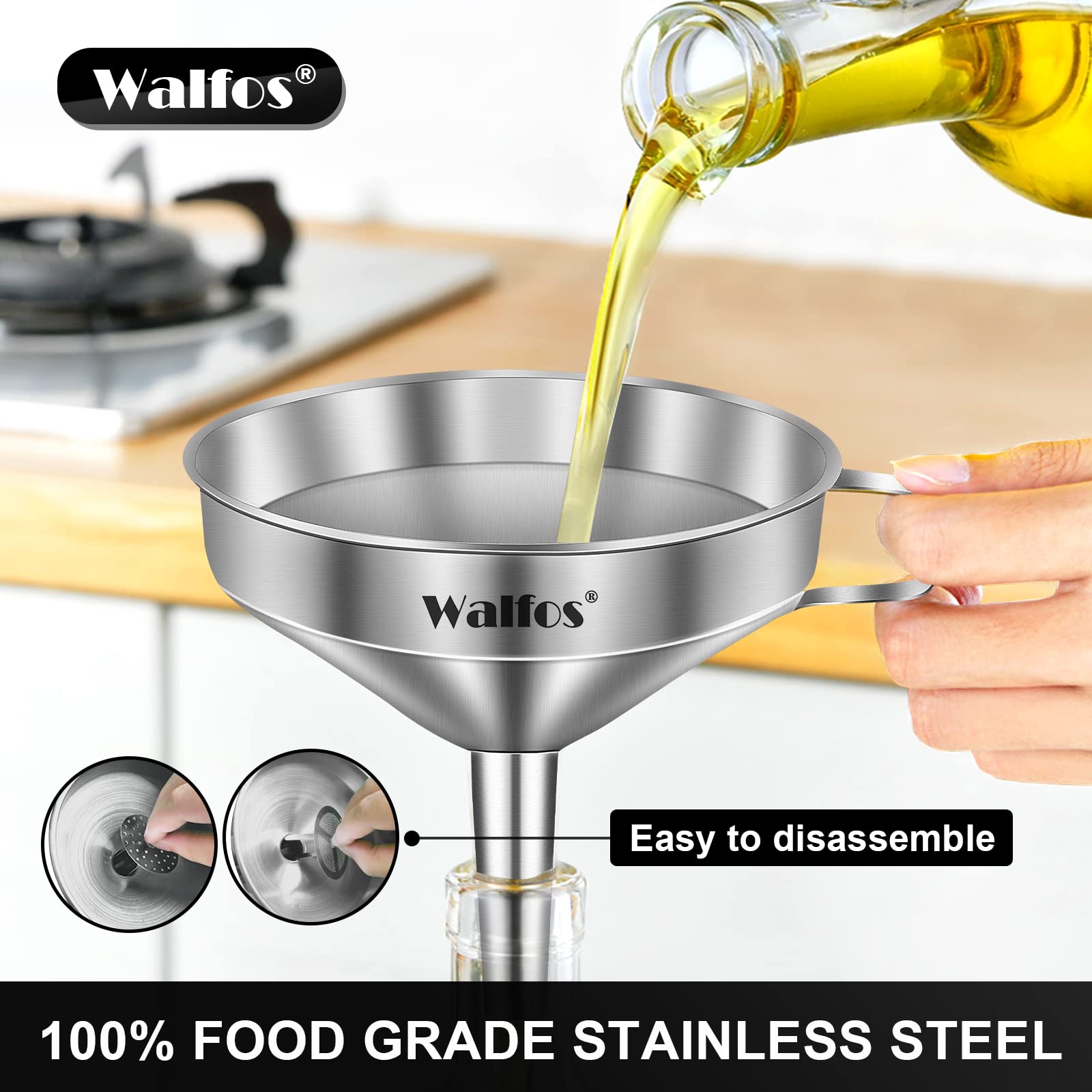 Walfos 3Pcs Kitchen Funnel with 2 Removable Strainer ＆ 1 Cleaning Brush & 1Pc 200 Mesh Food Filter Strainer, Food Grade Stainless Steel Funnel for Transferring of Liquid, Oils, Jam, Dry Ingredients