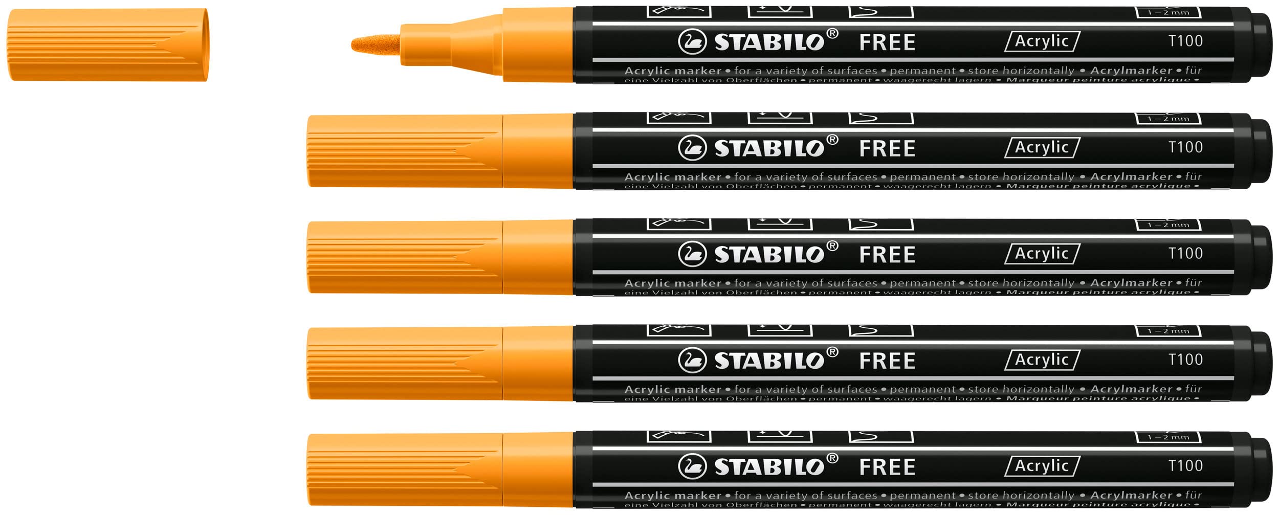 STABILO Acrylic Marker FREE Acrylic - T100 1-2 mm Bullet Tip - Box of 5 - Orange