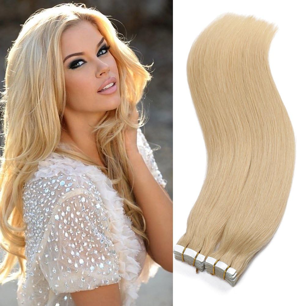 16inch Hair Extensions Tape in Human Hair #613 Light Blonde Hair Straight Skin Weft Glue on Hair 40pcs/set 100g Invisible Hair Extensions for Fashion Woman