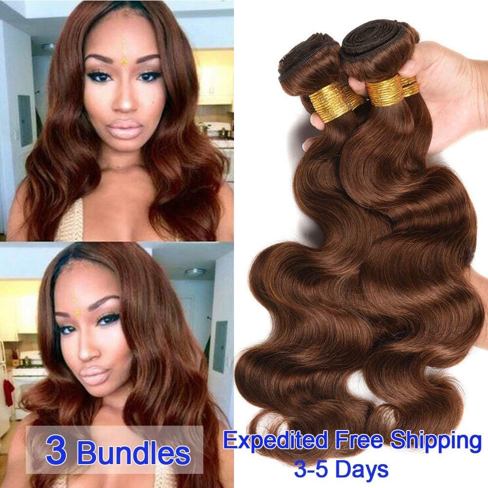 Black Rose Hair Brazilian Virgin Hair Body Wave 3 Bundles Human Hair Weave Pre Colored 4# Medium Brown Brazilian Body Wave Hair Bundles (95-100g/piece,10" 12" 14")