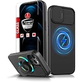 FRLMOOES for iPhone 12 / 12 Pro Case Magnetic with Kickstand + Camera Cover | Compatible with MagSafe Wireless Charging,with 2 Screen Protectors,Anti-Scratch Shockproof Heavy Duty Protection Phone,Black