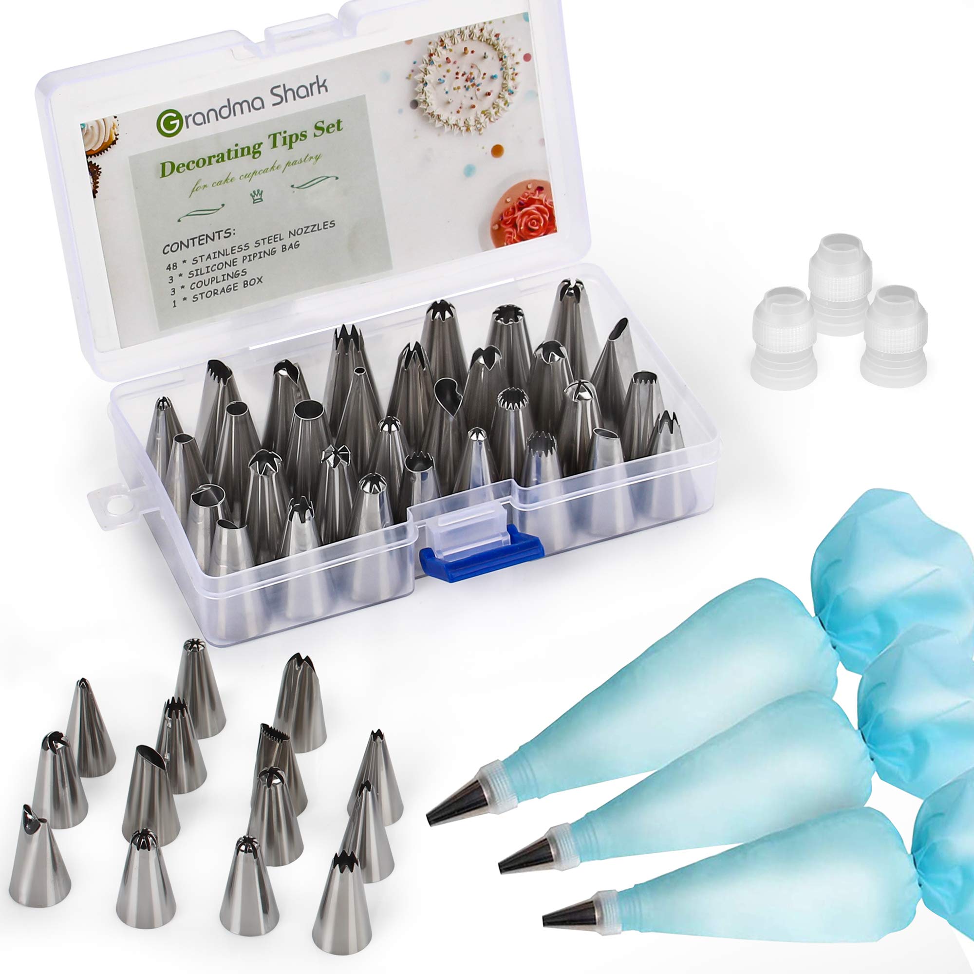 GRANDMA SHARK Cake Decorating Kits with a Storage Box, 48-Types of Stainless Steel Cake Decorating Nozzle, 3-Pieces of Silicone Bags and Couplers