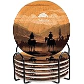 YETTASBIN Western Cowboy 6 Pcs Drink Coasters with Holder, Cotton Woven Absorbent Heat-Resistant Round Coaster Non-Slip Table Mat for Kitchen Bar Home Decor Housewarming Gift, 3.9 in