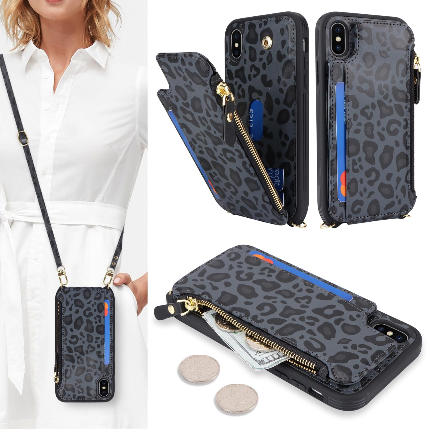 SailorTech for iPhone X/XS Phone Case with Credit Card Holder for Women, iPhone X/XS Leather Case Wallet Crossbody with Credit Card Slots Zipper Shockproof Case for Men - Black Leopard โ image 1