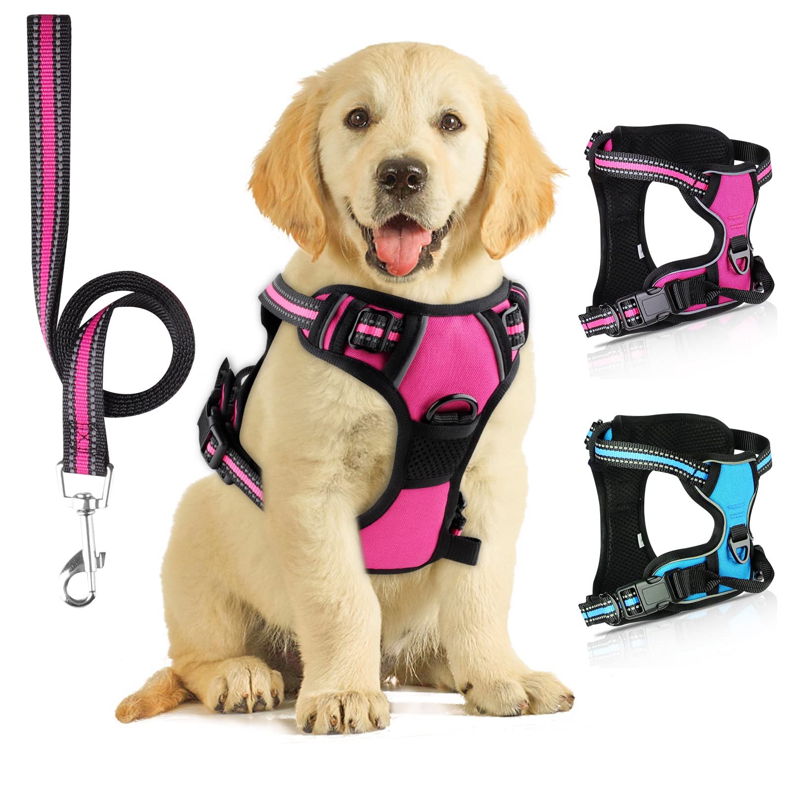 SIBOTER Dog Harness, Small Dog No Pull Harness with Leash, Reflective, Adjustable, Comfortable, Easy to Use, Includes Leash, Suitable for Small Dogs (40-60cm, 5-13kg), Rose Red