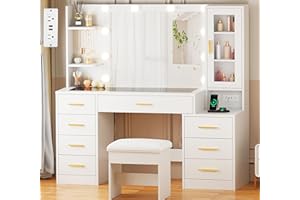 ANWBROAD 49.2" Large Vanity Desk with Mirror and Lights White Makeup Vanity Desk with Glass Top and Power Outlet 8 Drawers Nightstand 5 Hooks Vanity Table with Stool for Bedroom Women Girls UBDT88W