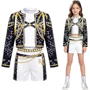 Apear1 3 Piece Halloween Costume for Girls, Pop Idol Singer Cosplay Costume, Include Jacket Tshirt Shorts for 4-12 Years