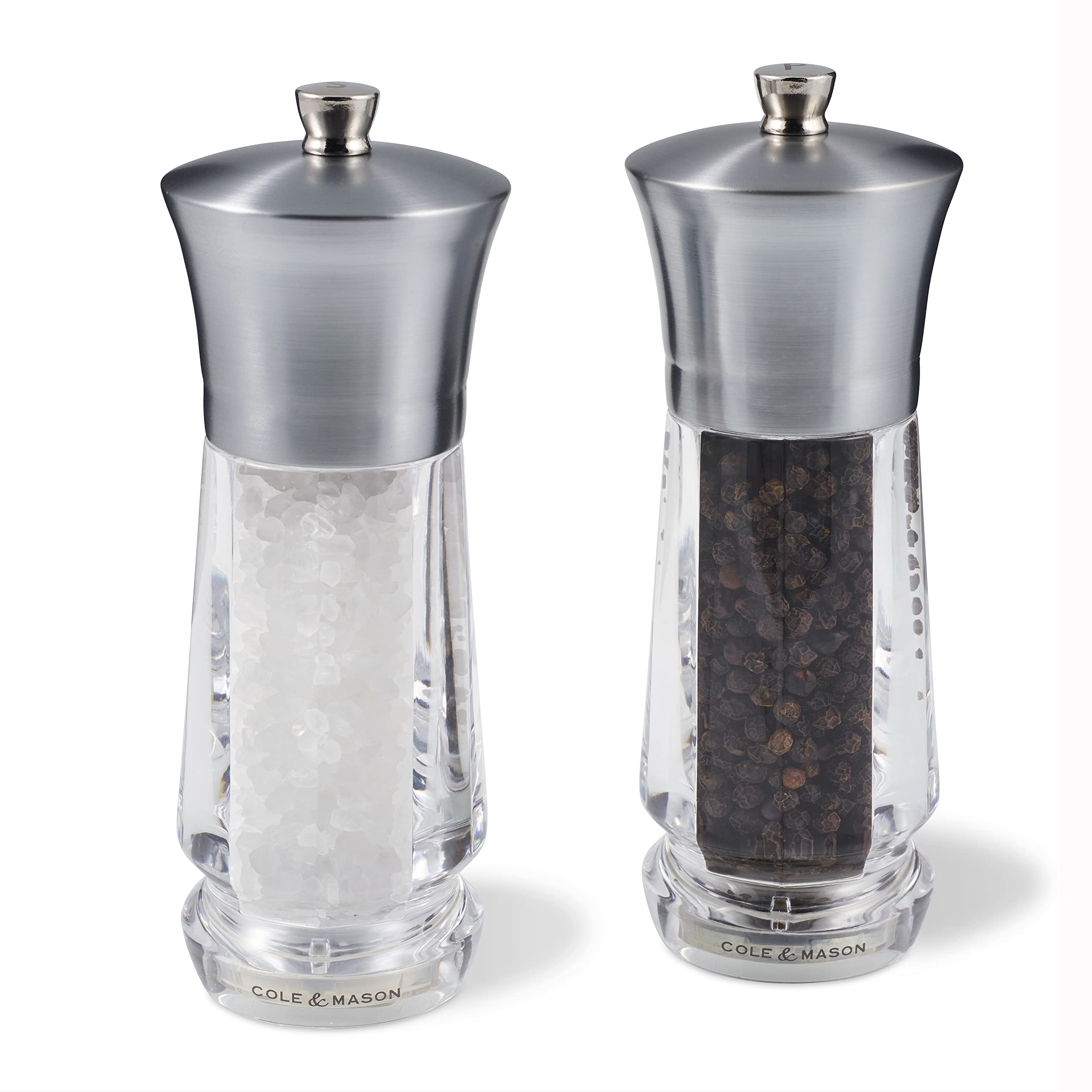 Cole & Mason H321913 Exford Salt and Pepper Mills, Precision+, Brushed Nickel/Acrylic, 160 mm, Gift Set, Includes 2 x Salt and Pepper Grinders