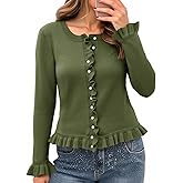 Saodimallsu Womens Ruffle Cardigan Sweaters Button Up Crew Neck Long Sleeve Cropped Sweater Cute Soft Knit Tops