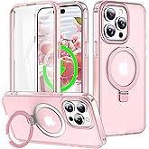 Turquiase for iPhone 15 Pro Max Full Body Shockproof Case with Magnetic Invisible Stand [Compatible with MagSafe] Built-in Screen Protector Military Drop ProtectionTranslucent Phone Cover -Pink