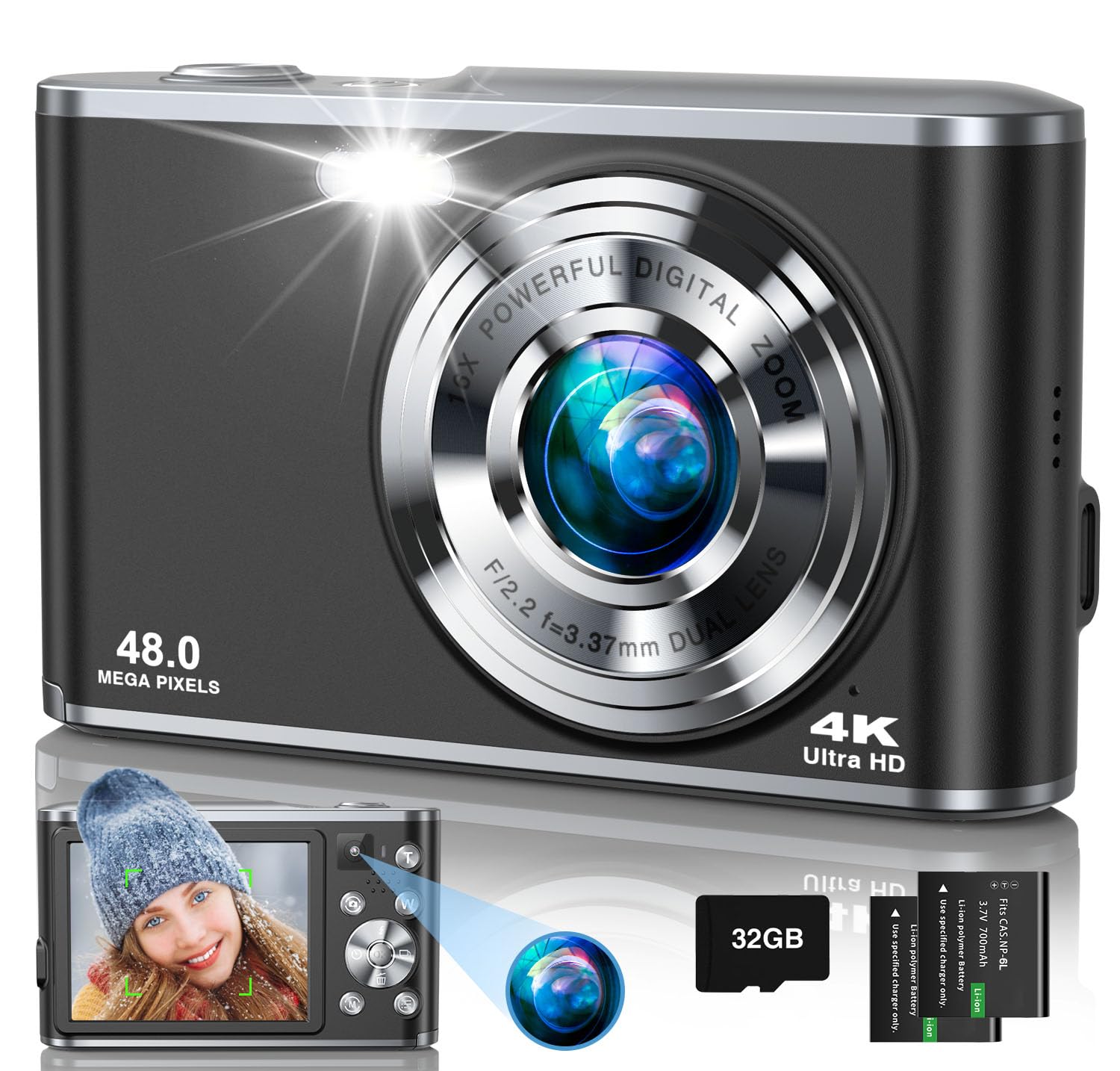 4K Digital Camera, 48MP Autofocus Camera Selfie with Front and Rear Dual Lenses, 32GB Card, 2 Batteries, 16X Digital Zoom, Compact Travel Vlogging Video Camera Gift for Kid Teen Beginner(Black)