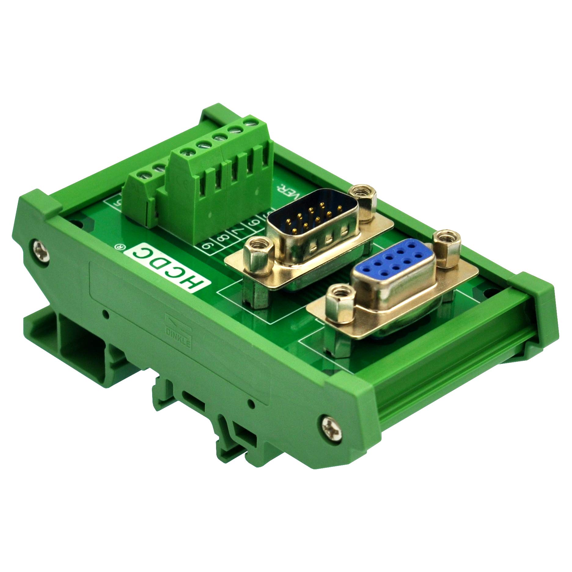 HCDC D-SUB Connector Module DB9, Green, Female-Male, Screw Terminal, Nylon, DIN Rail Mount