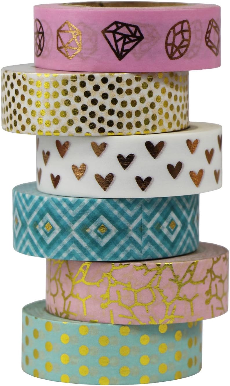 UOOOM 6Pcs Gold Foil Washi Tape Decorative Sticker Paper Masking Tape Adhesive Scrapbooking DIY Craft Gift 10m X 15mm (Design 9042)