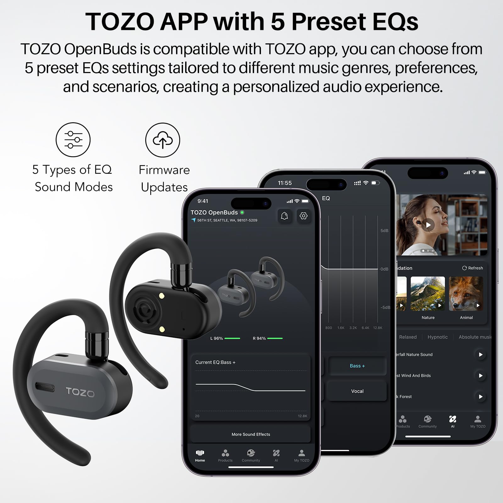TOZO O2 True Open Ear Wireless Headphones Lightweight with Multi-Angle Adjustment, Bluetooth 5.3 Earbuds with Dual-Axis Design for Long-Lasting Comfort, Crystal-Clear Calls for Driving, Black