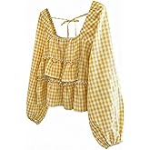 SHENHE Women's Plaid Long Puff Sleeve Ruffle Peplum Tie Back Blouse Cute Going Out Checkered Shirts