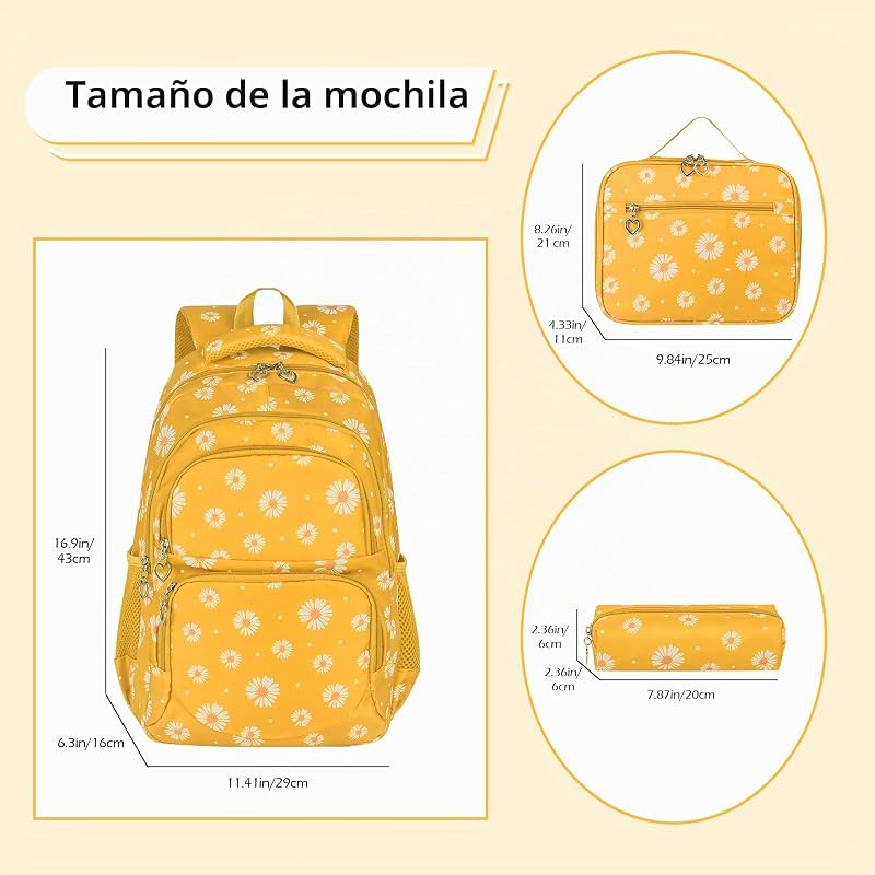 Mochila escolar para raparigas, adolescentes, mulheres, mochila escolar, conjunto de mochila escolar para raparigas, escola, tempo livre, com saco e mala para almoço, amarela, mochila para crianças — foto 2 de 8