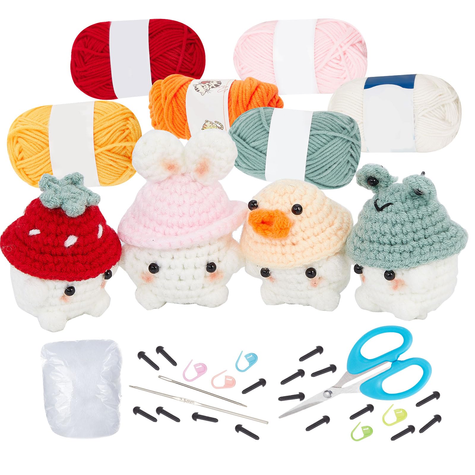 ORIGACH 4 Set Mushroom Crochet Kit for Beginners Mushroom with Hat Crochet Set for Starters, Complete Crochet Set Include Yarn, Eyes, Stuffing, Crochet Hooks, Markers and Instruction