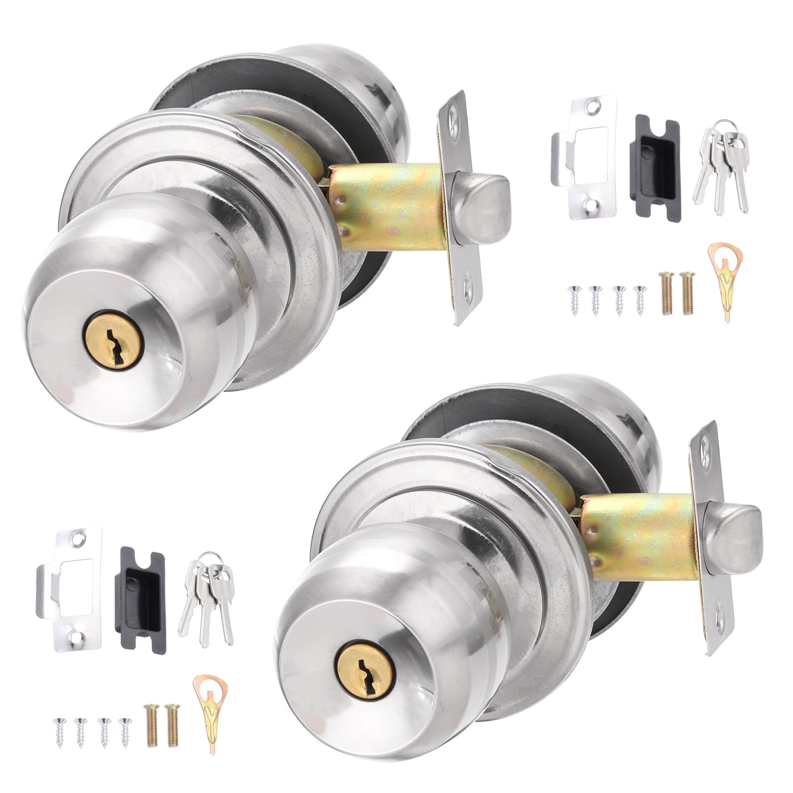 PATIKIL Key Entry Door Knobs Interior 60mm/2.4inch, 2 Pack Round Stainless Steel Bedroom Bathroom Door Knob with Zinc Lock Entry Indoor Outdoor Door, Silver